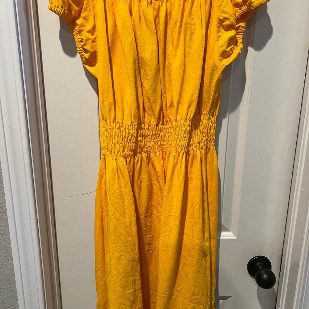 Yellow Mexican theme embroidered flowers Off-Shoulder Puff Sleeve Sundress sz xl - Picture 4 of 11